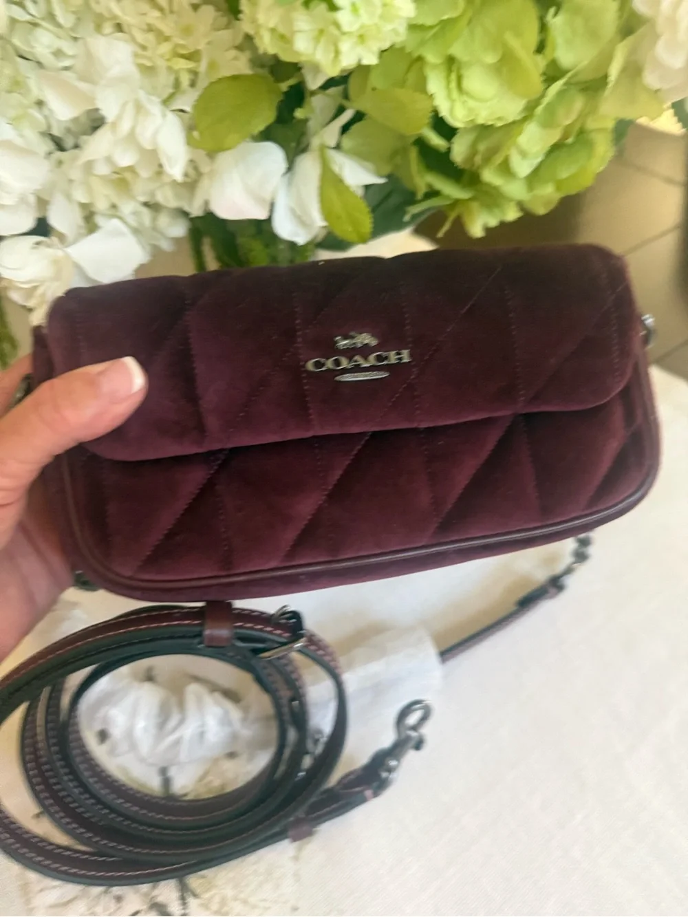 COACH Quilted Velvet Crossbody in Burgundy